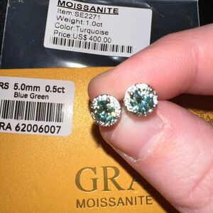 Moissanite Blue Green Stud Earrings